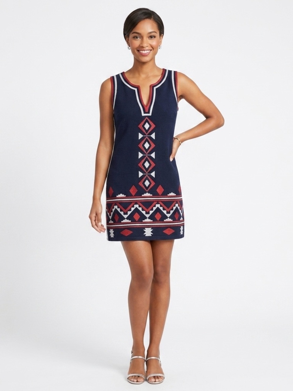 Anthropologie Roller Rabbit Large Navy Embroidered Tribal Shift Mini Dress